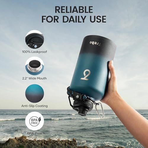 64 oz Water Bottle Stainless Steel with 3 Lids, Paracord Handle & Bag