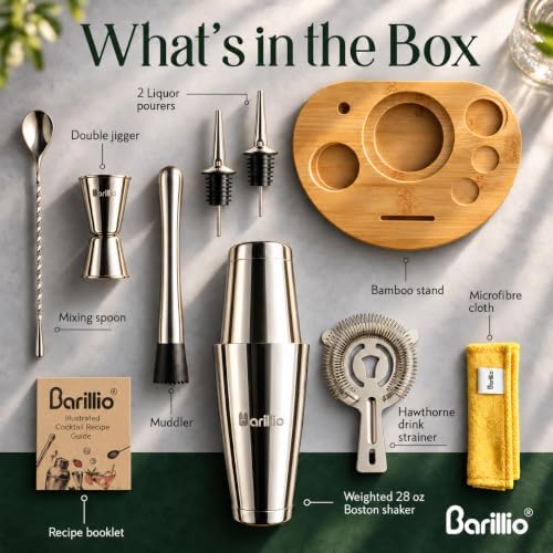 Elite Mixology Bartender Kit with Stand - Cocktail Shaker Set with Bamboo Stand, Boston Drink Shaker, Mojito Muddler, and Drink Mixer Spoon - 9-Piece Bar Tools Set - Bar Accessories for Home