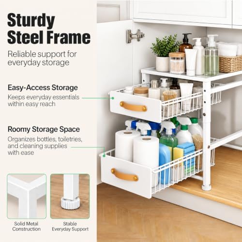 2 Tier Pull Out Cabinet Organizers, Stackable Slide out Drawers, with Sliding Storage Drawer for Kitchen and Bathroom Cabinet Storage, Under Sink or Pantry Organization, White