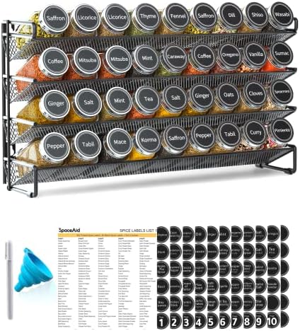 Spice Rack Organizer with 36 Spice Jars, 386 Spice Labels, Chalk Marker and Funnel Set for Cabinet, Countertop, Pantry, Cupboard or Door & Wall Mount - 36 Jars, 17.2" W × 10.8" H, Black