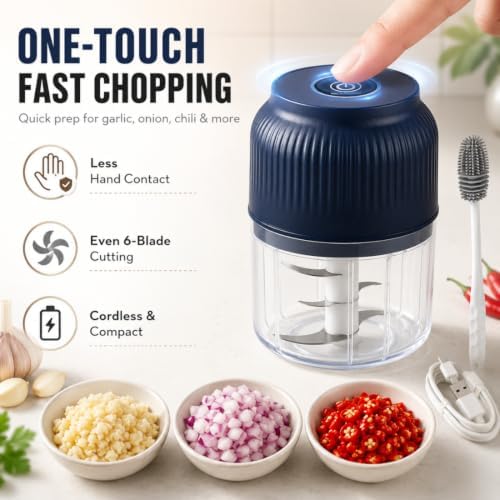 Cordless Electric Garlic Chopper, 400ml Mini Food Processor (Blue) - Image 2