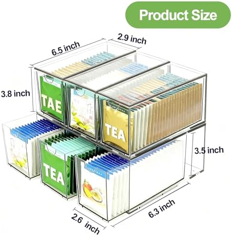 6 Pack Stackable Tea Bag Organizer Drawers – Clear Acrylic Tea Bag Holder for Cabinet, Drawer, Pantry, Countertop – Kitchen Tea Storage Container