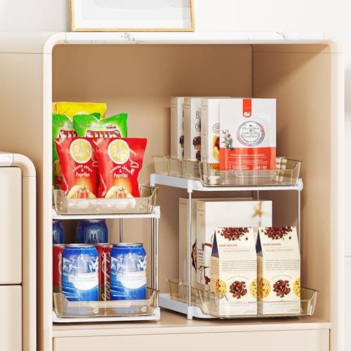 2-Tier Multi-Purpose Bathroom Under Sink Organizers and Storage, Stackable Kitchen Pantry Organization, Pull Out Medicine Cabinet Organizer with Movable Dividers, Amber, 2 Pack