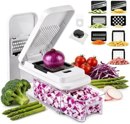 SUSLAS Vegetable Chopper with 8 Blades, Food Chopper with Container, Mandoline Slicer & Onion Dicer, Veggie Cutter, White by M-MAX