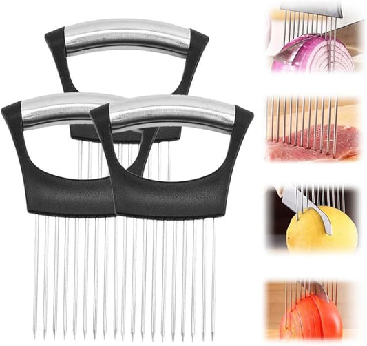 3PCS Stainless Steel Onion Slice Holder, 2024 New Onion Holder for Slicing, ultifunctional Fruit Egg Slicer Onion Pin Slicer Loose Meat Pin, Kitchen Chopper Slicing Tool for Onion Potato Lemon
