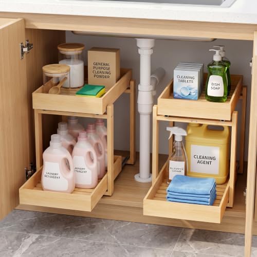 Bamboo Under Sink Organizer, 2 Pack Pull Out Cabinet Organizer