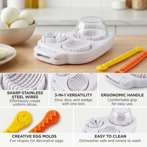3 In 1 Egg Slicer For Hard Boiled Eggs, Multipurpose Cheese Cutter and Butter Cutter with Cleaning Brush, 3 Slice Modes Egg Cutter, Dishwasher Safe Kitchen Slicer for Mushroom, Cherry (White) - Image 3