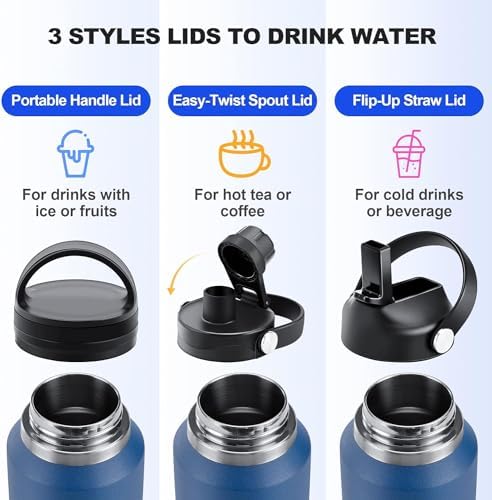 40oz Stainless Steel Water Bottle(Cold for 48 Hrs, Hot for 24 Hrs),Double Wall Vacuum Insulated Bottle with Straw Lid, Spout Lid and Flex Cap, Fit in Any Car Cup Holder,Black