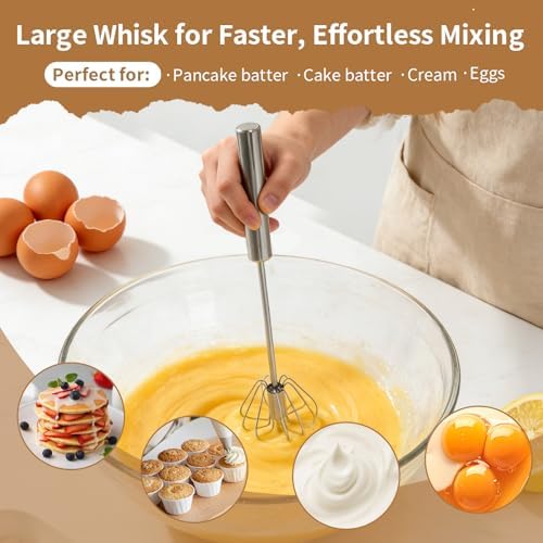 Semi Automatic Whisk Set – 2 Pack Hand Push Rotary Egg Whisk (10" & 14") + Bonus Strawberry & Egg Slicer – Stainless Steel Spring Whisk for Eggs, Batter & Cream, No Batteries - Image 3