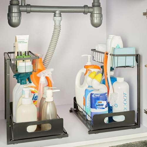 L-Shape Under Sink Storage Pull Out Cabinet Organizer, Space-Saving Design, Durable and Rust-Resistant, Black, Pack of 2