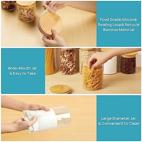 Glass Food Storage Jars, 7 Pack Kitchen Containers with Airtight Bamboo Wooden Lids for Pasta, Cookies, Nuts, Coffee Beans, Cereal, Canisters Set for Flour, Pantry Organization, BPA Free