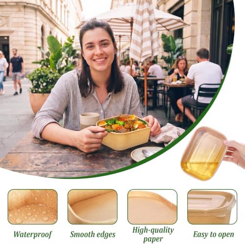 50 Pack 29oz Disposable Meal Prep Containers with Lids and Forks, Microwave and Freezer Safe Kraft Paper Bowls for Salad Noodles, Take Out Containers for Hot/Cold Food