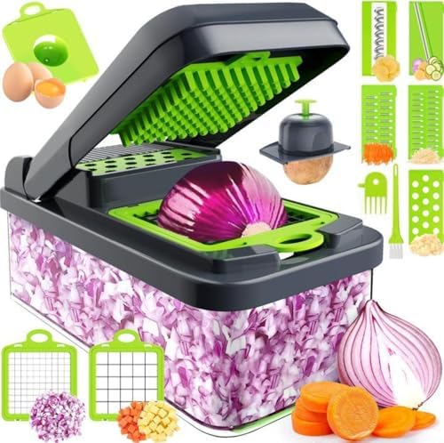 14-in-1 Vegetable Chopper, 7 Blade Multifunctional Food Chopper with Container, Chopper Veggie Cutter for Salad Potato Carrot Garlic, Home Kitchen Essential (Green, 14 in 1) by BSFRNF