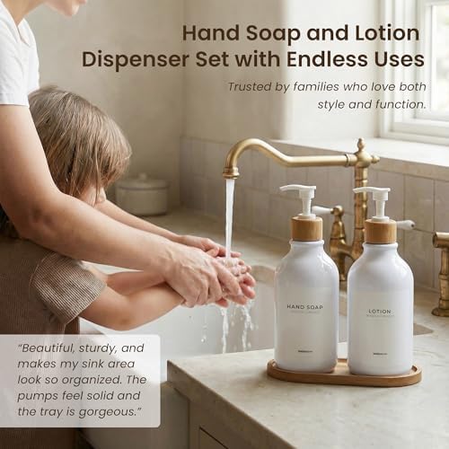 Soap Dispenser Bathroom Set of 2-16.9 oz Bathroom Soap Dispenser Set - White Plastic Bottles x 2 with White Bamboo Pumps & Tray