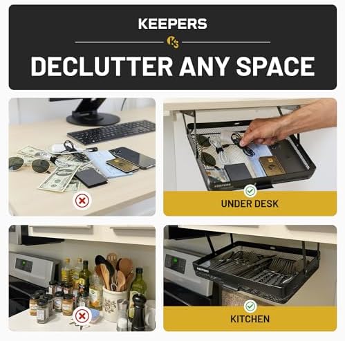 KEEPERS Anything Keeper – Compact 11x10 in Under Cabinet Pull-Down Basket, Hidden Steel Organizer for K-Cups, Spices & Small Items, Magnetic Close, Kitchen RV Desk – Black