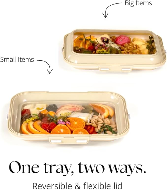 Crudités | Portable Snack Tray | Rectangle 2-Pack | Cream White | Reversible Stretch Lid Food Containers | BPA-Free, Freezer & Dishwasher Safe | Meal-Prep, Charcuterie, Salads, Picnic, Travel
