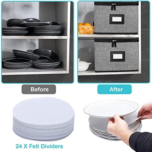 China Storage Containers-Quilted Dish Storage Containers with Lid Hard Shell for Moving Transport, Dinnerware Storage,Stackable Plate Storage,24 Felt Plate Dividers Included,2PACK 12*12*8in