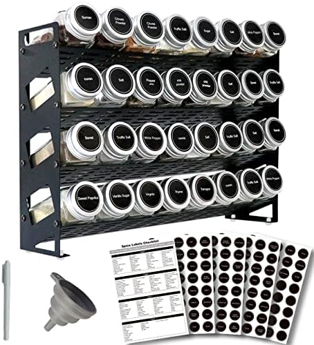 4 Tier Spice Rack Organizer with 32 Square Spice Jars and 160 Spice Labels Set for Kitchen Cabinet Countertop Pantry or Wall Mount, Matte Black