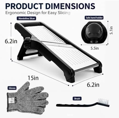 Mandoline Slicer, Adjustable Mandoline Slicer for Kitchen, Stainless Steel Mandolin Vegetable Chopper for Potato, Julienne Cutter with Cut-Resistant Gloves, Black