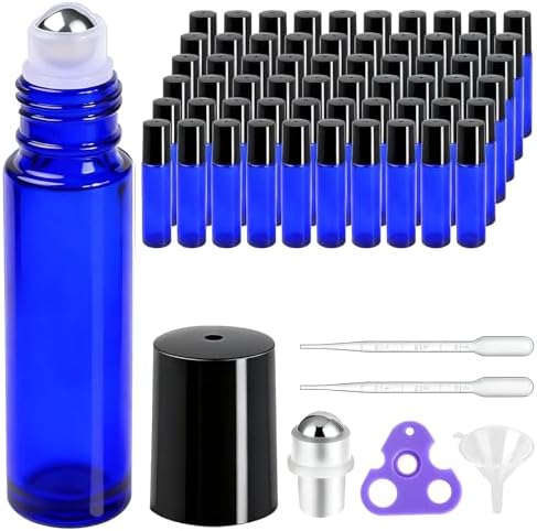 PrettyCare 60 Pack, Bulk 10 ml Essential Oil Roller Bottles with Stainless Steel Roller Ball - Bulk Refillable Leak-proof Empty Thick Blue Glass Roll on Bottles with Black Caps for Travel, Perfume by PrettyCare