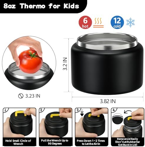 Bento Lunch Box with 8oz Soup Thermo and Insulated Lunch Bag, Kids Leakproof Lunch Food Containers with 5 Compartment, Boys Girls Thermo Hot Food Jar for Travel, School, BPA Free (Black)
