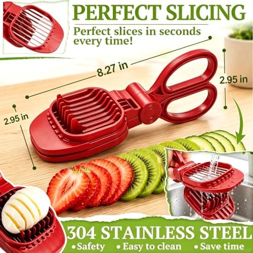 Fruit Slicer, Egg Slicer for Hard Boiled Eggs, Fruit Cutter for Strawberry, Banana, Kiwi, Rapid & Safe Slicing Tool,304 Stainless Steel Blades, ABS Material (Red)