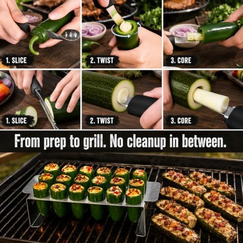 18-Hole Jalapeno Pepper Grill Rack with Corer Set – Stainless Steel Roasting Tray for Oven & BBQ, Includes 2-Piece Pepper & Zucchini Corer Tool, Dishwasher Safe