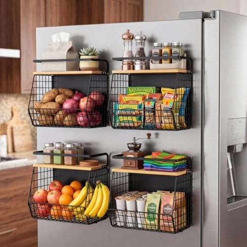 Magnetic Shelf for Fridge with Wood Lid, Fruit Potato and Onion Storage Bins, Pantry Organizers & Storage, Large Container Magnetic Spice Rack for Refrigerator, Kitchen Counter, Cabinet