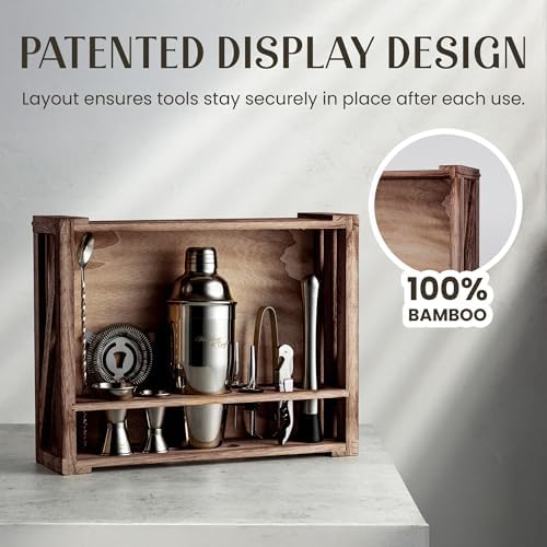 Rustic Cocktail Shaker Set – Includes Wood Stand, Complete Barware Kit with 24 Oz Shaker, Dual Jiggers, Pourers, Muddler, Strainer – Perfect for Home Bartenders (Gun-Metal Black)