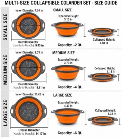 3-Piece Collapsible Colander Set, 2/4/6 Qt With Handles（Orange）