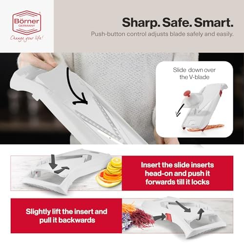 Swissmar Börner VPower V-Slicer Mandoline – Professional Kitchen Tool with Adjustable Thickness – Precision Food Slicer for Vegetables, Julienne, Shredding – Includes Safety Holder & Inserts - White - Image 4