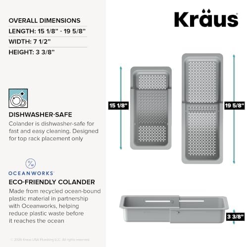 KRAUS Expandable Colander for Kitchen Sink/Over the Sink Colander, Lt Grey