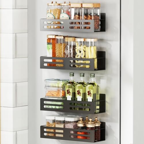 Magnetic Spice Rack for Refrigerator Magnetic Fridge Shelf for Kitchen Magnetic Shelves for Fridge 4 Pack Black