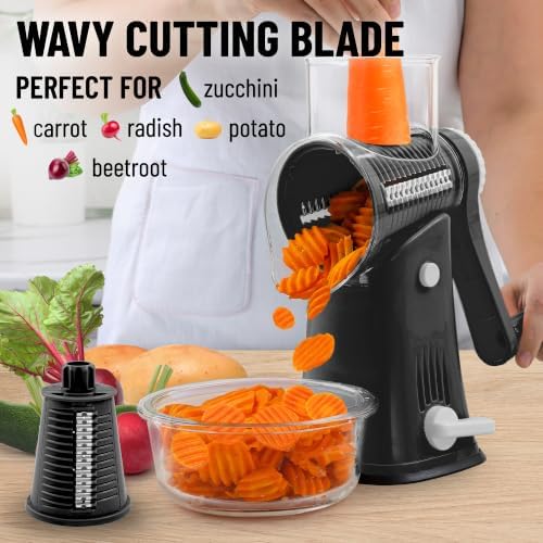 Rotary Cheese Grater Hand Crank, Vegetable Shredder - Black & Chrome