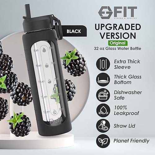 32 oz Glass Water Bottle with Straw Lid - Wide Mouth Borosilicate Glass Water Bottles with Time Marker, Silicone Sleeve & Extra Lid - 1L Large Motivational Drinking Bottle