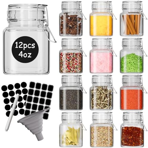 12 Pack 4 oz Mini Square Spice Jars with Airtight Hinged Lid
