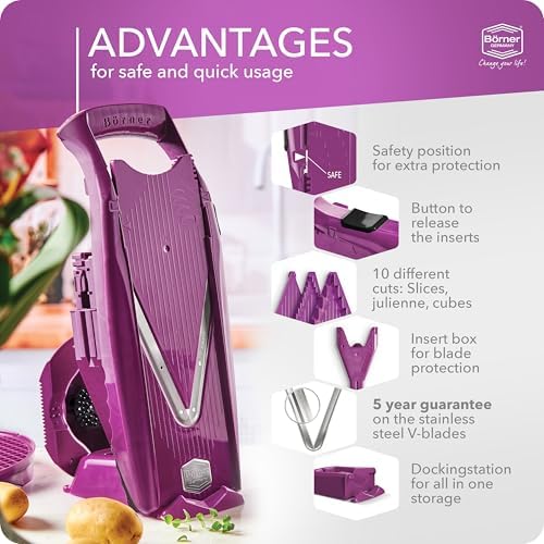 Mandoline Food Slicer Börner V5 (Profi Set) by Reston Lloyd • V-Slicer with 4 Inserts, Docking Station & Food Holder • Made in Germany • Fruit & Vegetable Chopper • Multiple Settings • Color: Purple - Image 4