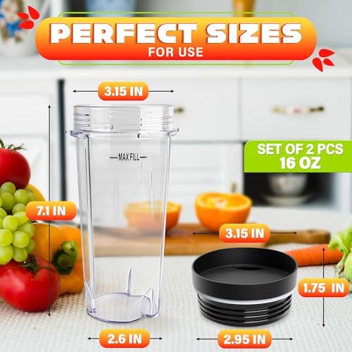 16 Oz Single Serve Blender Cup Replacement with Lid, 2 Pack - Image 2