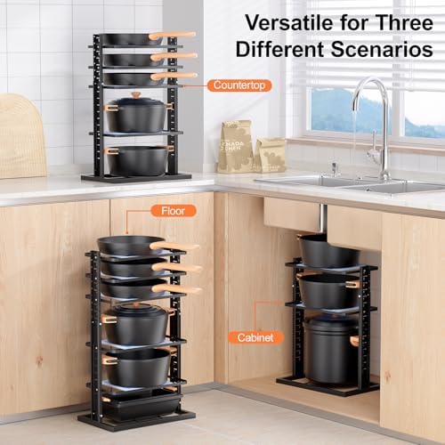 Pots and Pans Organizer for under Cabinet, 6-Tier Heavy Duty Pan Pot Organizers inside Cabinet Adjustable 14 to 24.57", Pot Rack Kitchen Cabinet Organization and Storage Holds up to 12" Cookware