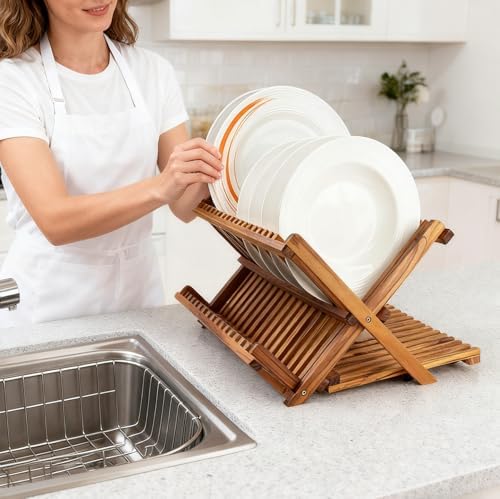 Large Teak Dish Drying Rack, Wood Collapsible Organizer for Plates