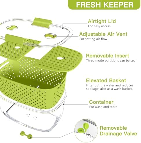 Fresh Produce Vegetable Fruit Storage Containers 3Piece Set, BPA-free Fridge Storage Container, Partitioned Salad Container, Fridge Organizers, Used in Storing Fruits Vegetables, Green