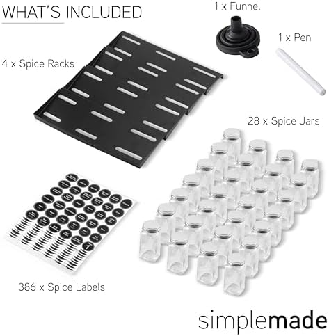 Spice Drawer Organizer, Spice Rack Drawer for Kitchen, 4 Tier Black Drawer Spice Organizer with 28 Jars and labels with a pen, Silicone Funnel, 13" by 17.5"