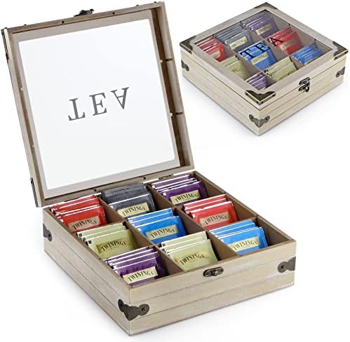Wood Tea Box Organizer, Tea Storage Chest with Glass Lid, 9 Compartments, Tea Bag Holder for Cabinet, Pantry