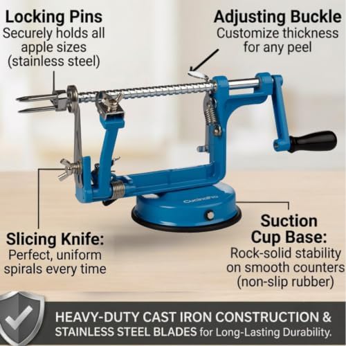 Apple Peeler Corer, Heavy Duty Chrome Cast Iron Suction Base Blue