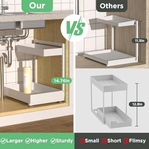 Under Sink Organizer Bathroom Kitchen: 2 Pack 2 Tier Metal Under Cabinet Storage with Height-adjustable Shelf and Pull out Rack for Pantry Vanity Cupboard Counter Countertop, White