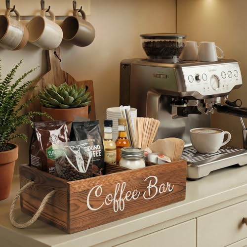 Coffee Station Organizer with Small Removable Dividers, Wooden Coffee Bar Accessories Storage For Countertop, Farmhouse Kcup Coffee Pod Holder Basket With Handle For Coffee Lover