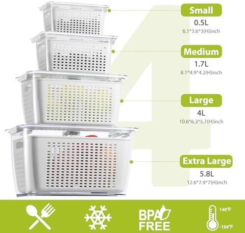 4 Pack Fruit Vegetable Containers for Fridge, Produce Saver Container with Lids &Removable Colander BPA-free Refrigerator Storage Organizer for Fruit Vegetable, Berry, Meat keep Fresh Longer