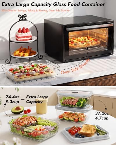 4-Pack Glass Food Storage Containers with Tempered Glass Lids, 2x 4.7 Cup & 2x 9.3 Cup, Airtight, Oven & Microwave Safe Borosilicate Glass (-4°F to 950°F)