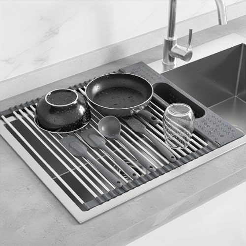 Roll Up Dish Drying Rack Over Sink, 17.5" x 15.2" Foldable SUS304 Stainless Steel Kitchen Dish Drainer, Heat-Resistant Multipurpose Rolling Sink Rack Organizer,Grey