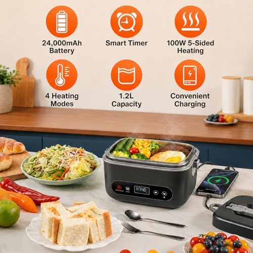 Heated Lunch Box for Adults, 1.2L Self-Heating Food Warmer Dark Gray